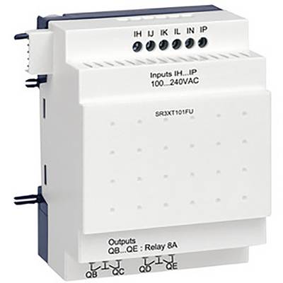 Elektronický reléový modul se vstupy 'IH...IP' a výstupy 'QB...QE', vhodný pro 100-240VAC, model 'SRXTX101FU'.