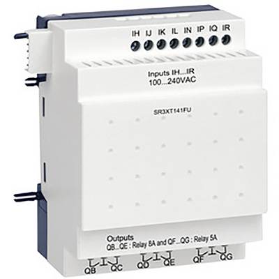 Elektromechanické zařízení se vstupy a výstupy, vhodné pro 100-240V střídavého napětí. Čtvercový tvar, bílá barva, technické štítky viditelné.
