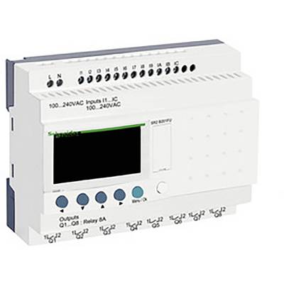 Programovatelný logický modul s displejem a konektory, vhodný pro řízení a automatizaci elektrických systémů.
