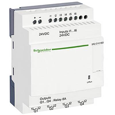 Bílá řídicí jednotka s nápisem 'Schneider Electric', která má několik vstupů a výstupů nahoře a dole, zobrazuje vstupy a výstupy ve voltech.