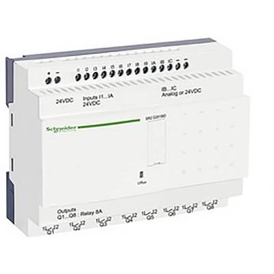 Bílé elektrické spínací zařízení s několika přípojkami a nápisem 'Schneider Electric' v zelené barvě na přední straně.