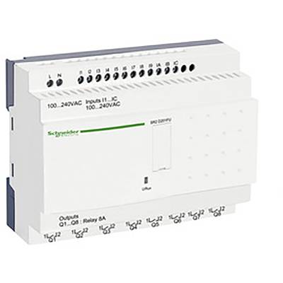 Bílé elektrické zařízení s více připojeními a spínačem, označené štítkem 'Schneider Electric'.