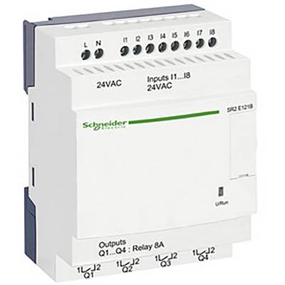 Bílé elektrické zařízení s několika vstupními a výstupními porty, označené štítkem '24VAC' a 'Schneider Electric'.