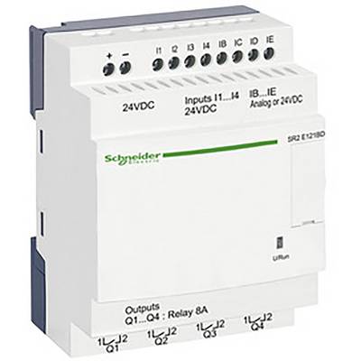 Elektronická řídicí jednotka od Schneider Electric s konektory pro 24V DC vstupy a 8A reléové výstupy, model SR2 E121BD.
