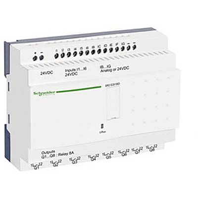 Řídicí jednotka s několika připojovacími možnostmi. Označena štítky '24VDC', 'Vstupy 11-16', 'Analogové nebo 2VDC' a 'Výstupy Q1-Q2'.