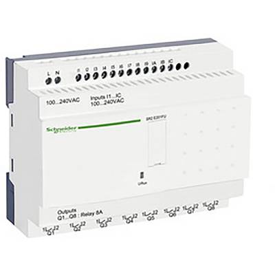 Bílý elektrický modul zařízení s několika konektory nahoře, označený vstupy a výstupy, od známého výrobce.