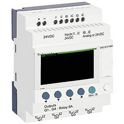 Bílý programovatelný řídicí relé s digitálním displejem a několika připojovacími svorkami. Označený štítkem 'Schneider Electric'.