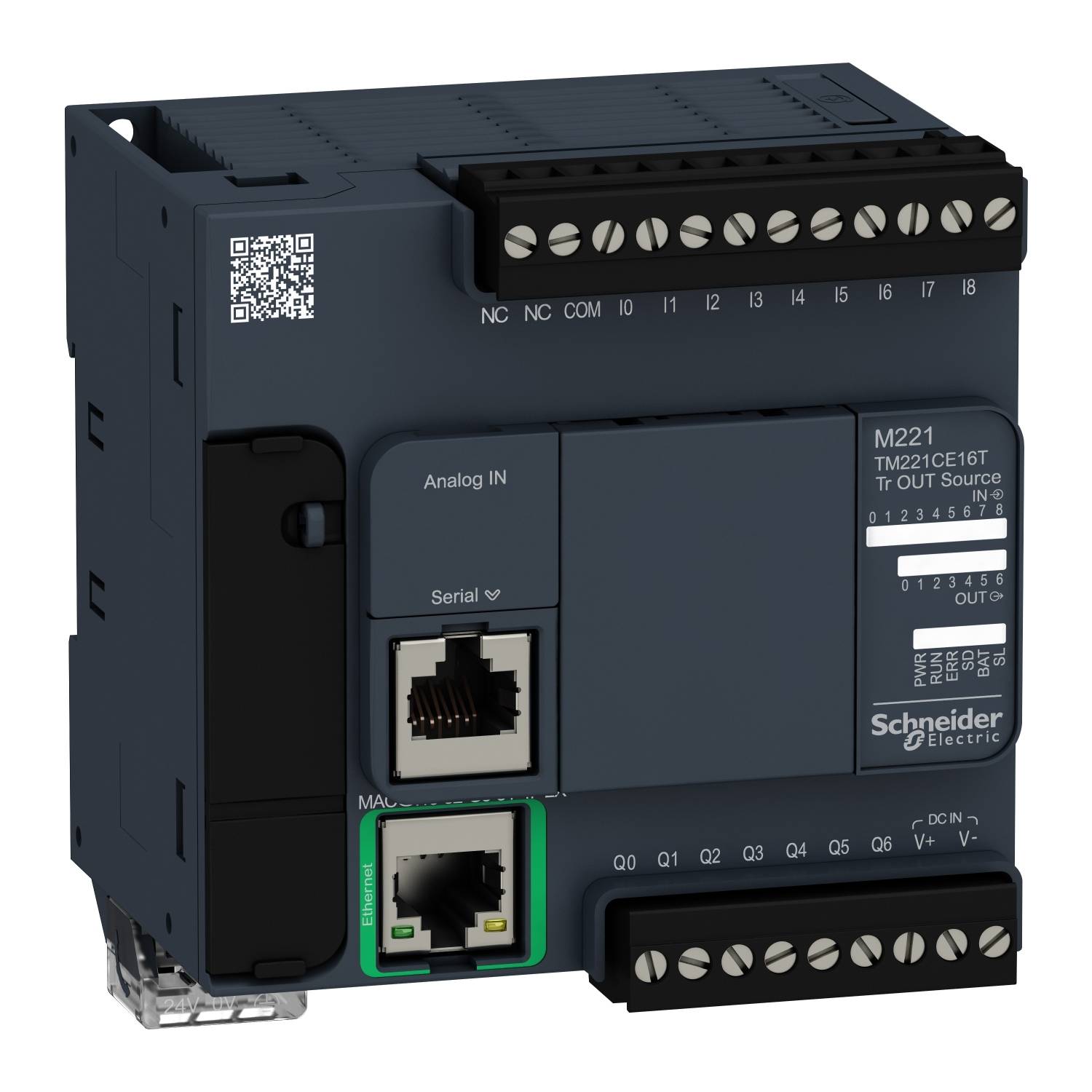 Programovatelná řídicí jednotka s více připojeními a štítky od Schneider Electric; Model 'M221'.