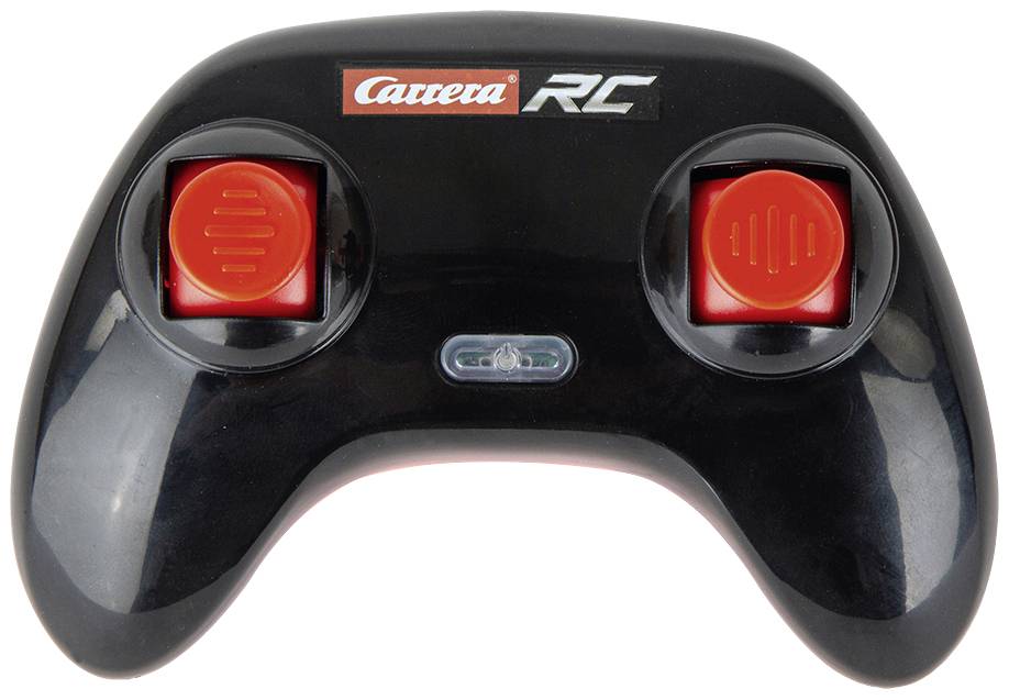 Černý Carrera RC ovladač se dvěma červenými ovládacími tlačítky, používaný pro řízení dálkově ovládaných vozidel.