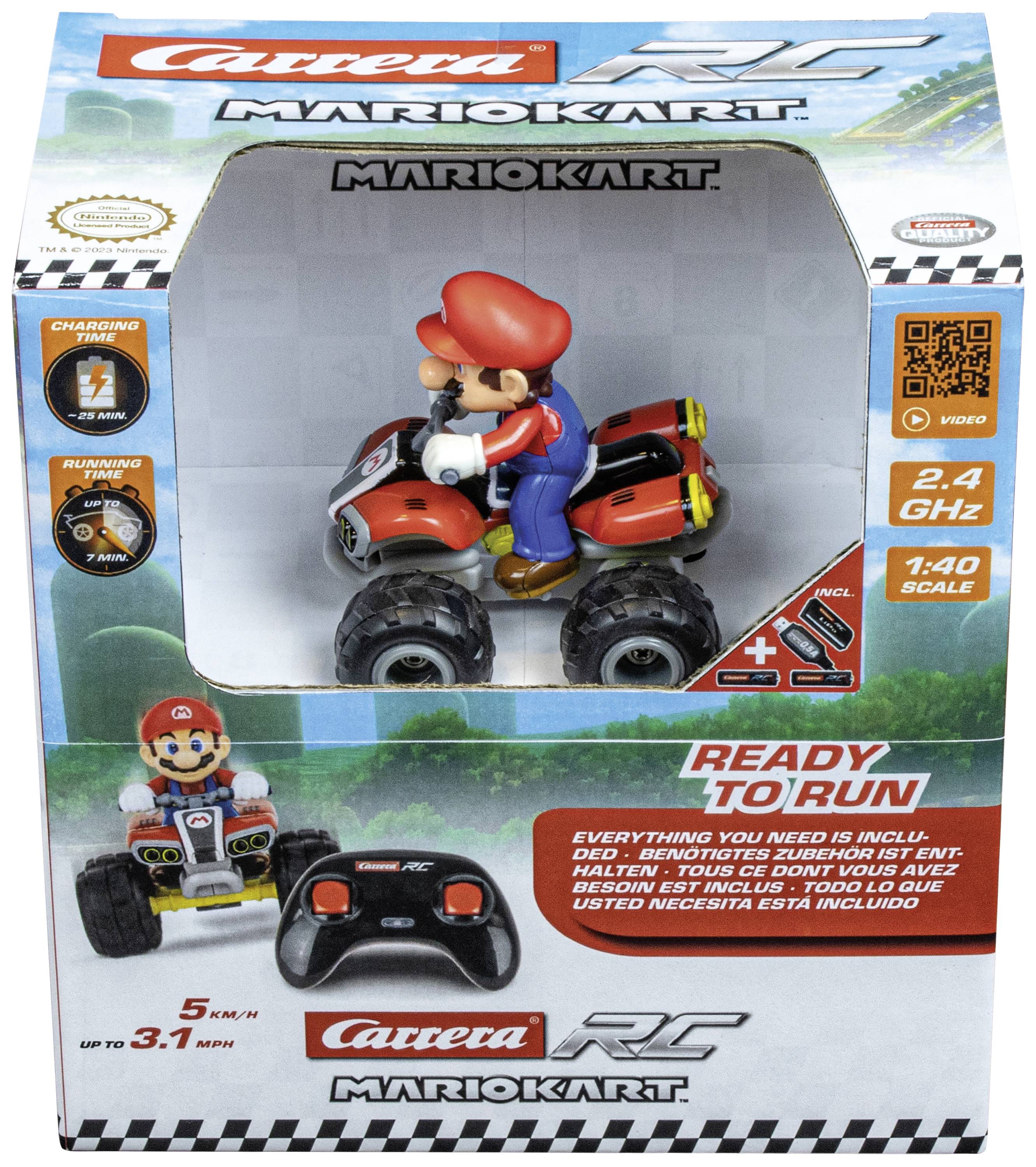 Balení RC Mario Kart hračky s Mariem na čtyřkolce. Obsahuje dálkové ovládání 2,4 GHz, připraveno k jízdě.