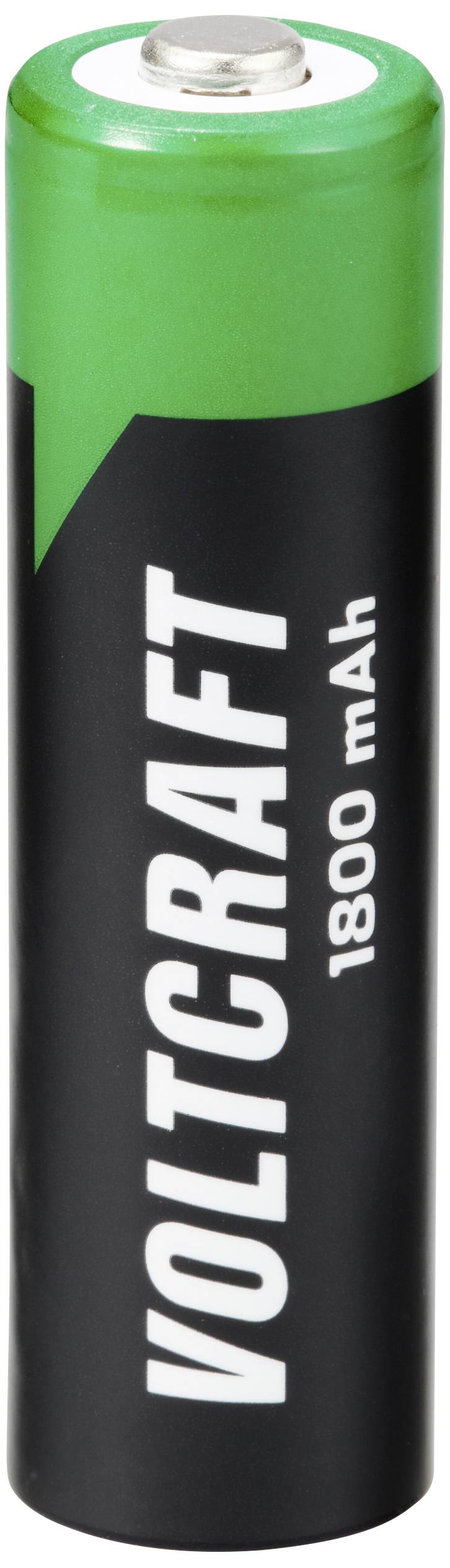Černá baterie se zelenou hlavou s nápisem 'VOLTCRAFT 1800 mAh'.