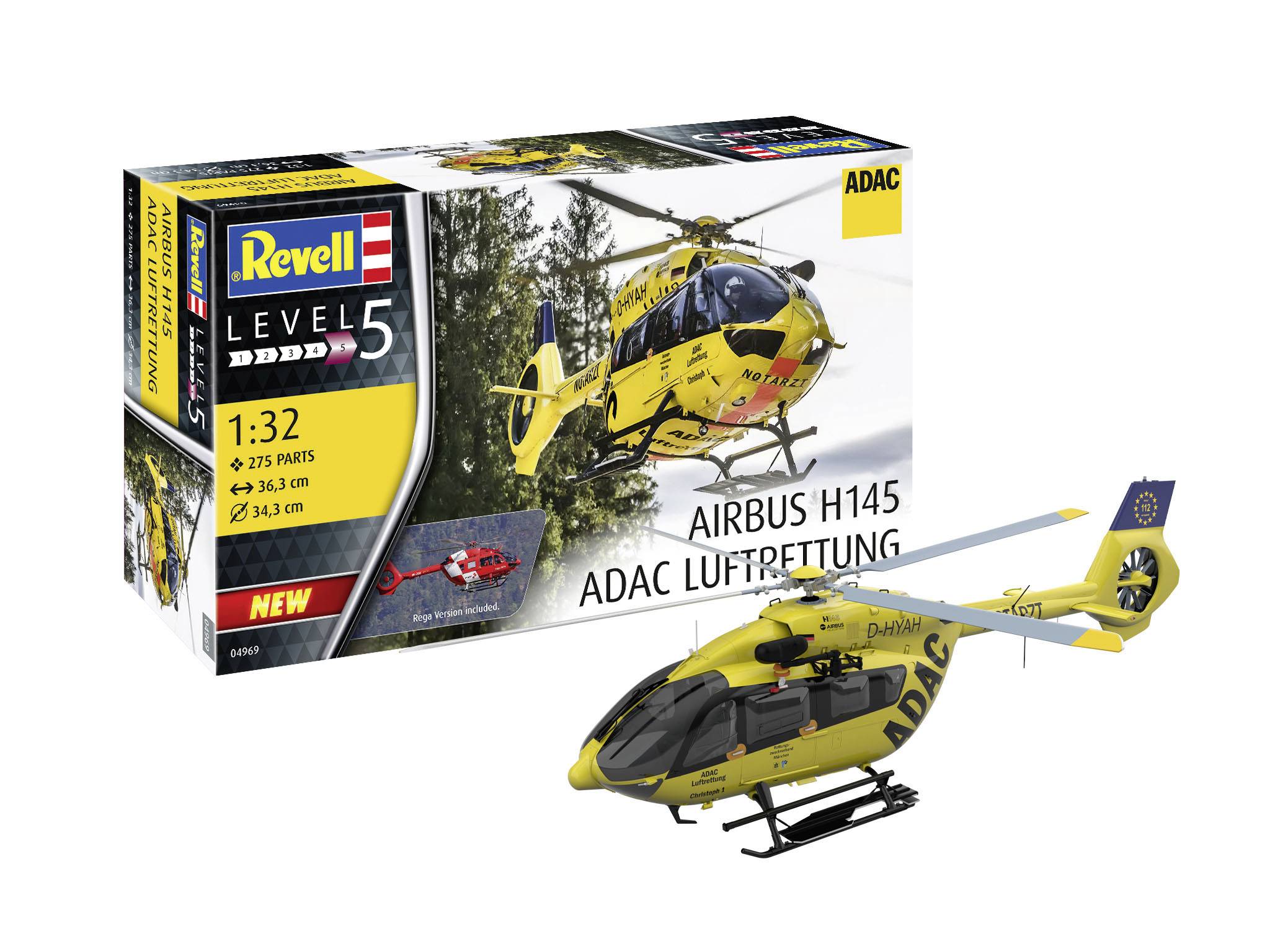Model vrtulníku ADAC záchranné služby 'Airbus H145' v žluté barvě. Obal zobrazuje fotografii hotového modelu.