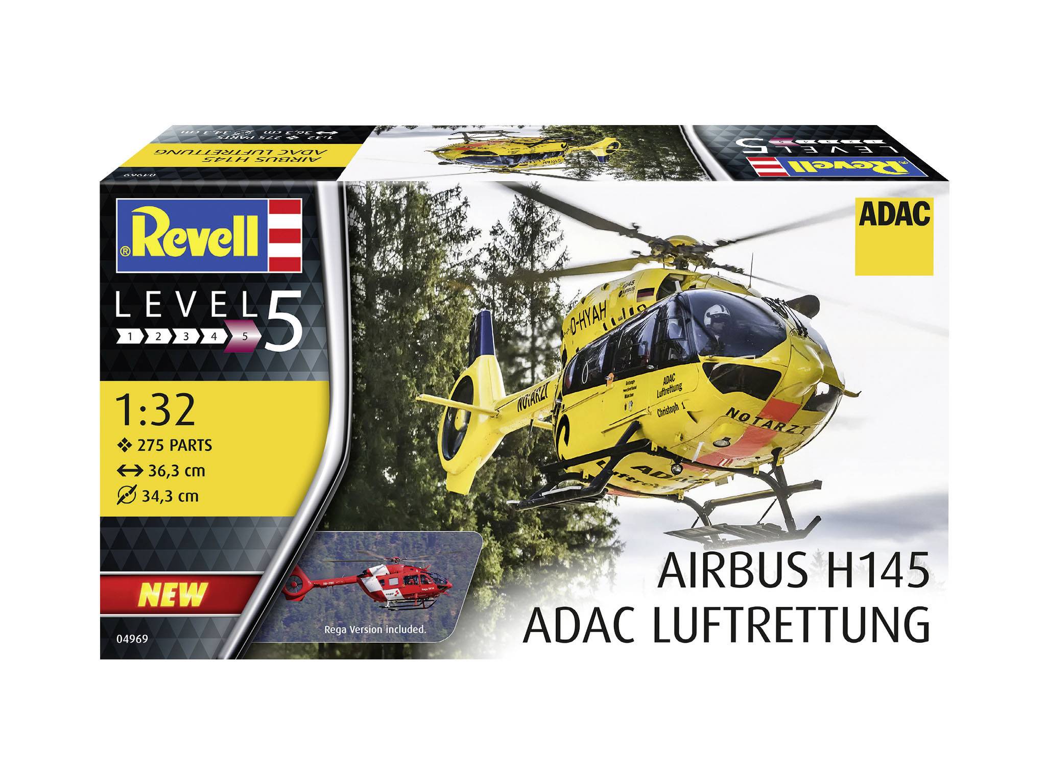 Model vrtulníku Airbus H145 od firmy Revell v měřítku 1:32. Vyobrazen v lese, sestává z 275 dílů pro stavbu.