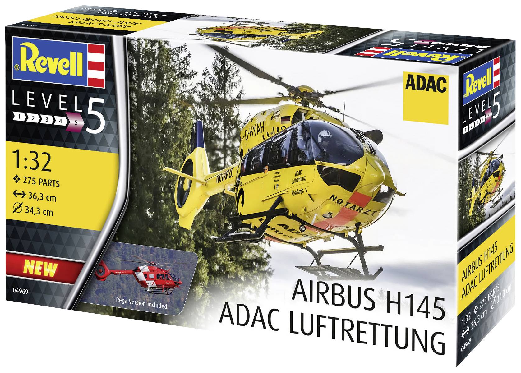 Modelářská sada od Revell zobrazující vrtulník Airbus H145 společnosti ADAC Luftrettung, měřítko 1:32, úroveň obtížnosti 5, obsahující 275 dílů.
