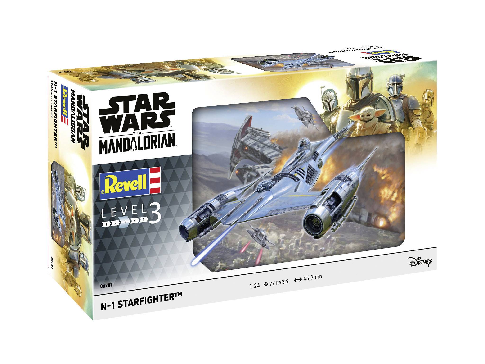 Modelářská sada hvězdné lodi Revell Star Wars: Mandalorian N-1 Starfighter v originálním balení, zobrazující ilustraci vesmírné lodi a postavy na obalu.