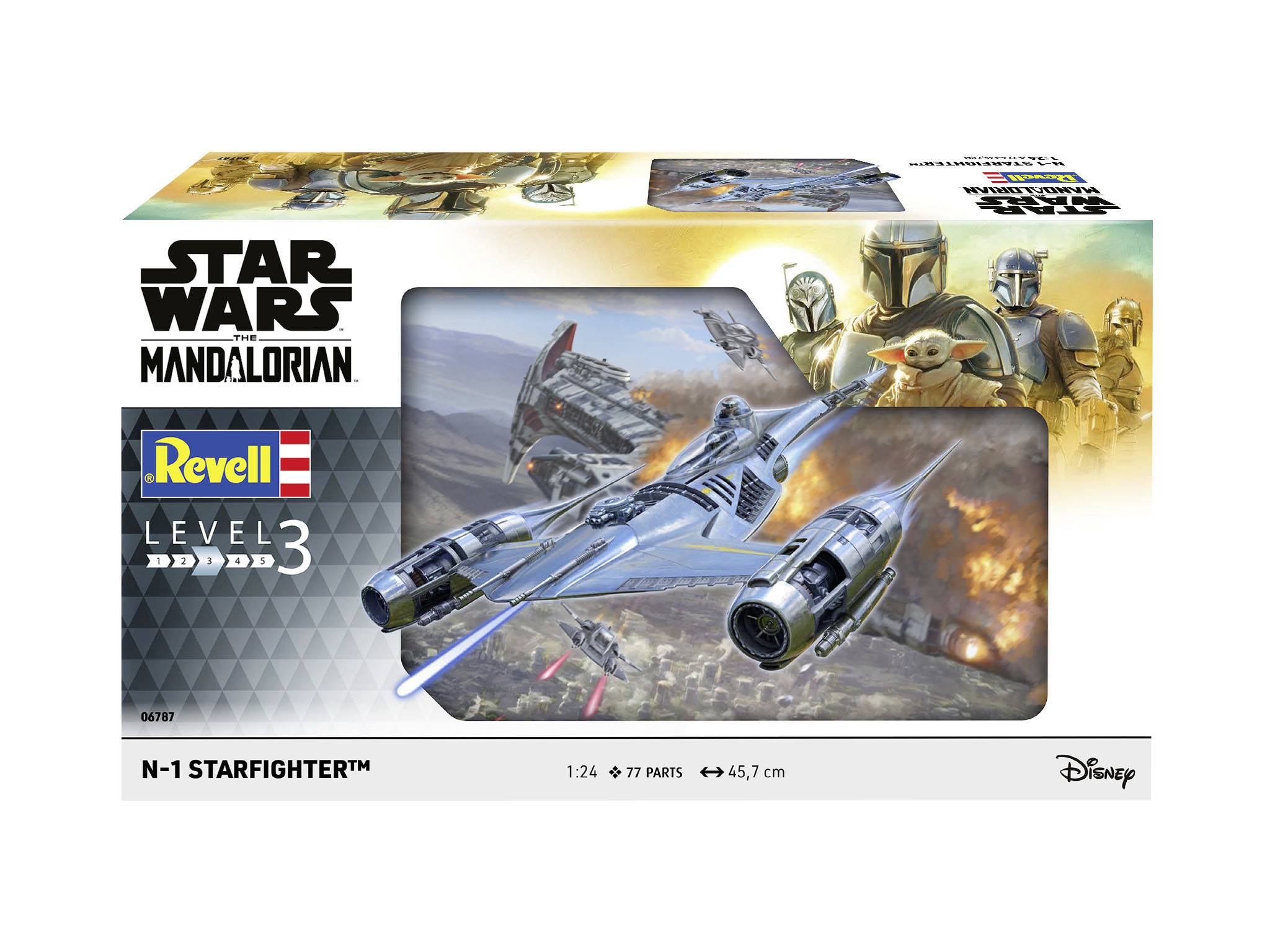Stavebnice modelu hvězdné stíhačky N-1 od firmy Revell. Zobrazena v letu nad planetou, s Mandaloriány v pozadí.