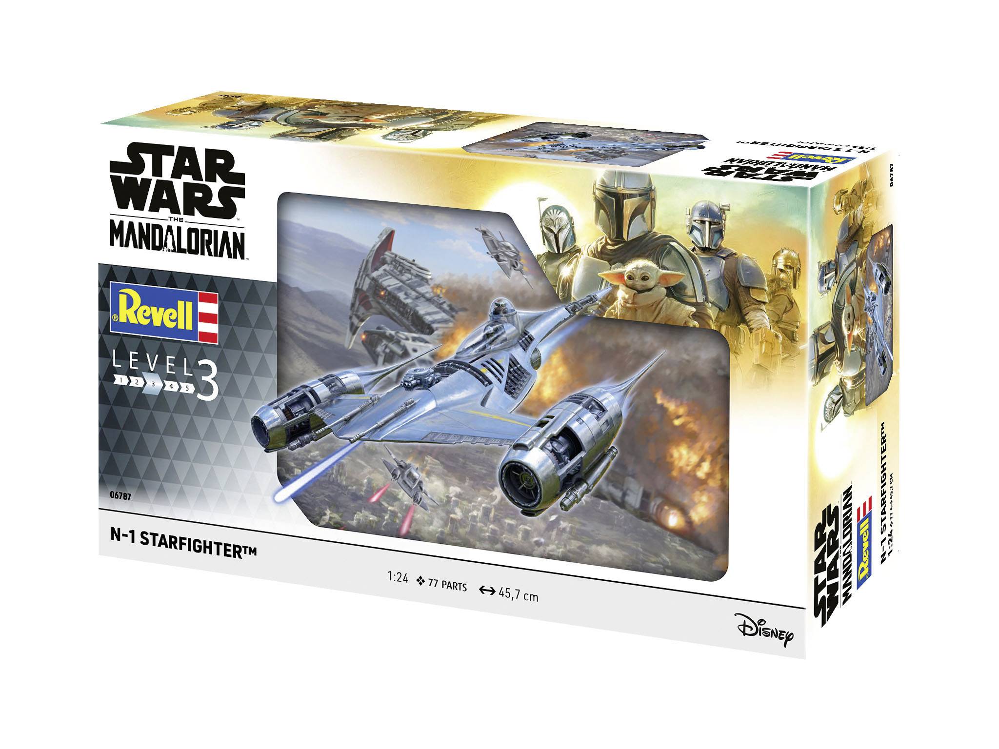 Model Star Wars Mandalorian N-1 Starfighter od firmy Revell. Obal zobrazuje vesmírnou loď s Mandalorianem a Grogu v pozadí.
