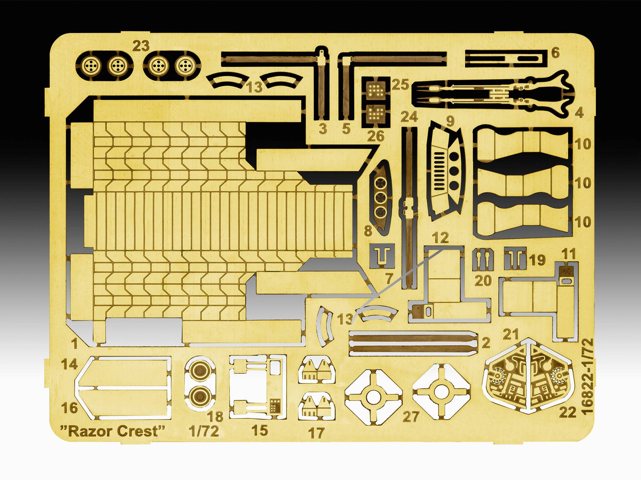 Šablony dílů pro model 'Razor Crest', měřítko 1/72. Různé díly uspořádané na kovovém listu, očíslované.