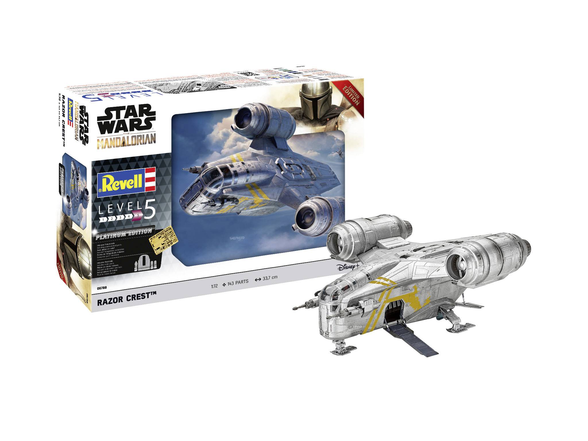 Modelářská sada kosmické lodi ze 'Star Wars', v měřítku s 108 díly, vedle obalu zobrazujícího hotový model.