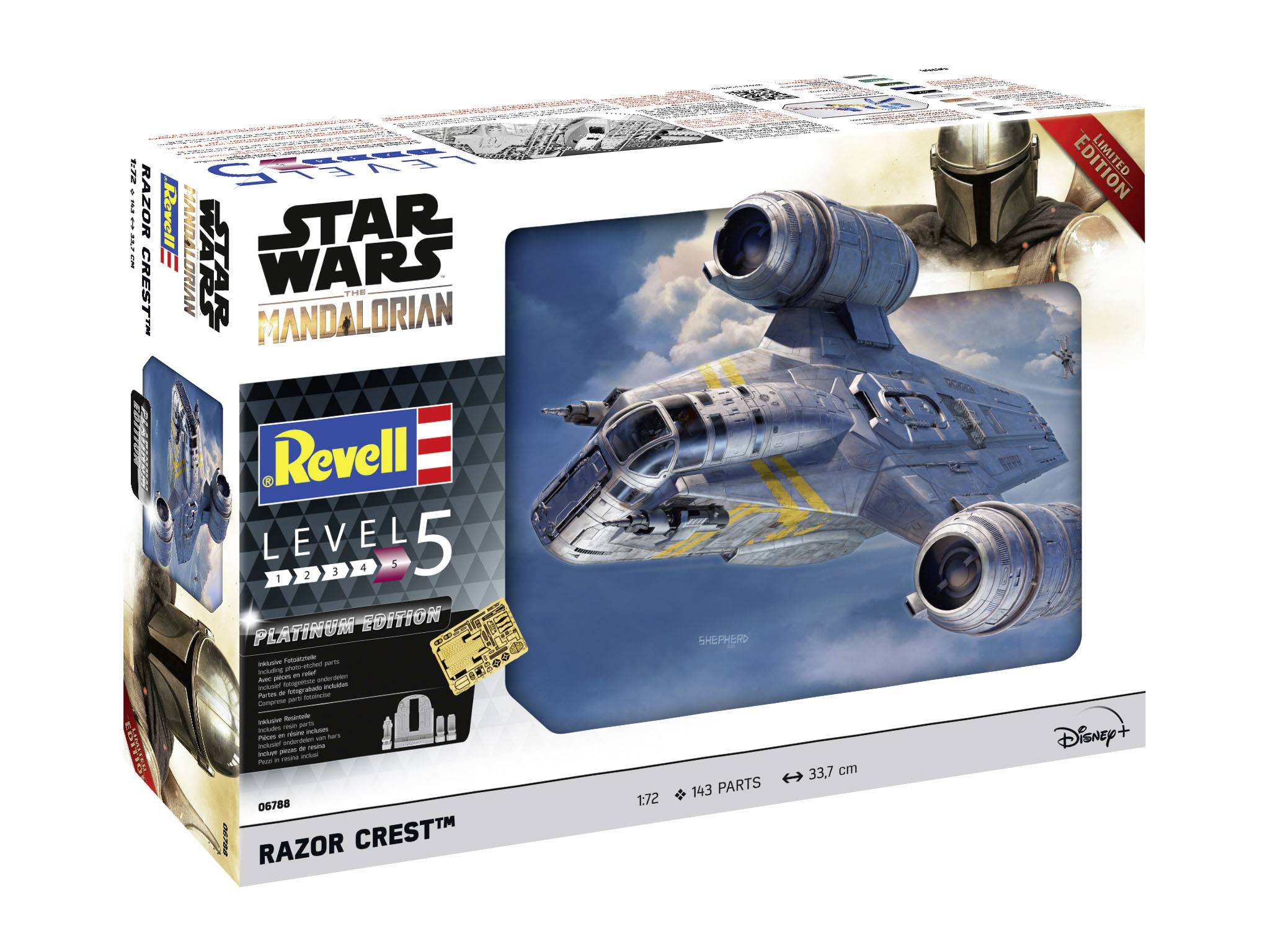 Modelářská sada od Revell, úroveň 5, zobrazuje vesmírnou loď 'Razor Crest' ze seriálu 'Star Wars: The Mandalorian', platinová edice. Obal ilustruje vesmírnou loď v kosmu.