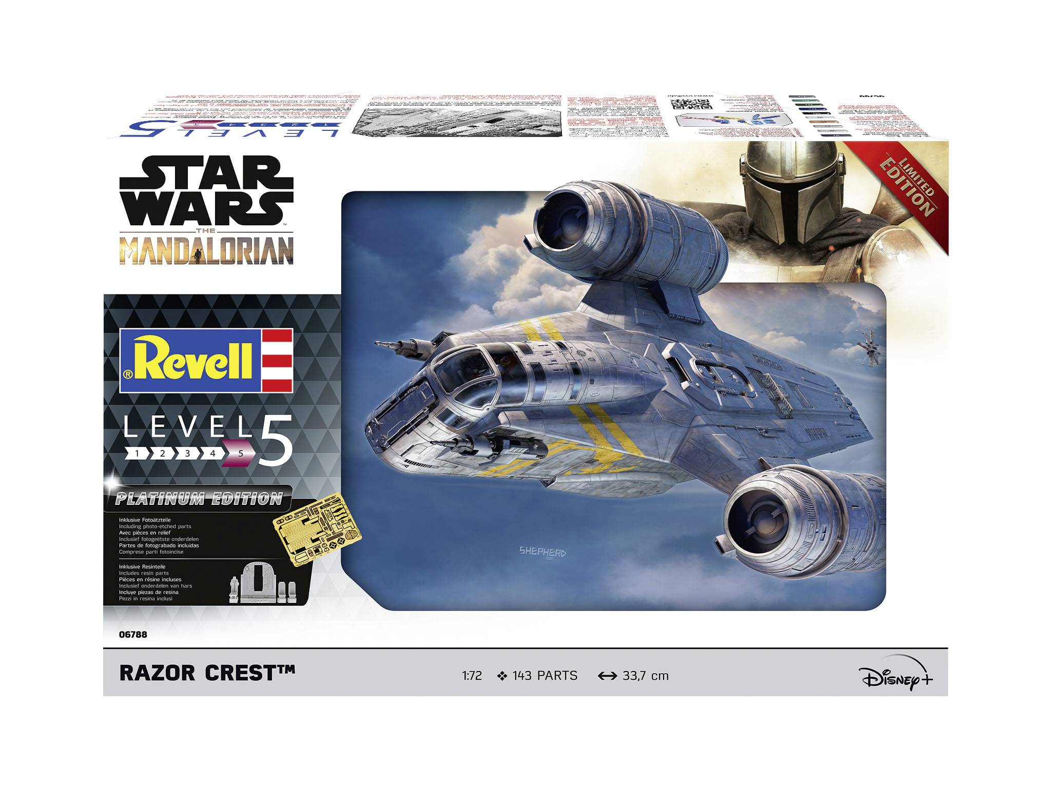 Model Star Wars Mandalorian 'Razor Crest' od společnosti Revell se 943 díly. Obrázek vesmírné lodi na obalu.