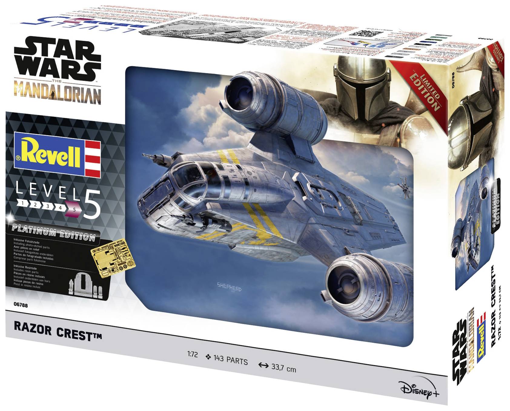 Model 'Star Wars: Mandalorian' od Revell, úroveň obtížnosti 5, zobrazuje vesmírnou loď 'Razor Crest'. Obsahuje 193 dílů.
