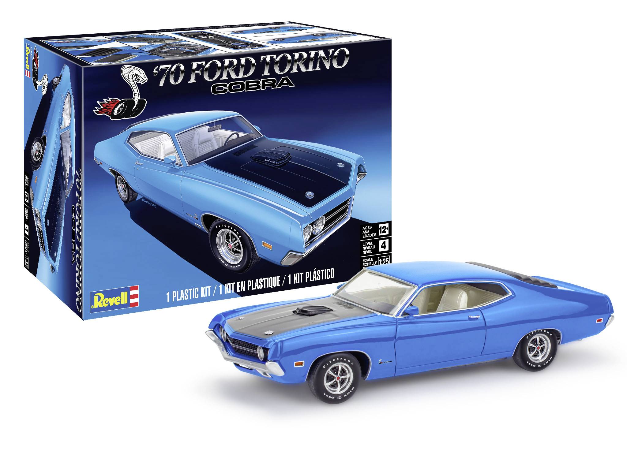 Modrý plastový model automobilu Ford Torino Cobra z roku 1970 od firmy Revell, s vyobrazením vozu na obalu.