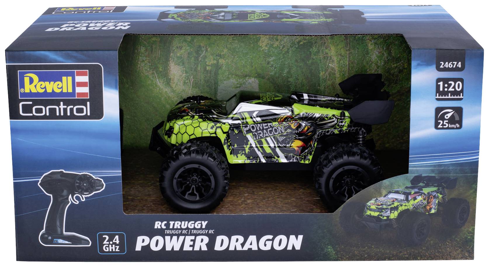 RC-auto 'Power Dragon' v originálním balení, měřítko 1:20, maximální rychlost 25 km/h, dálkové ovládání 2,4 GHz od společnosti Revell.