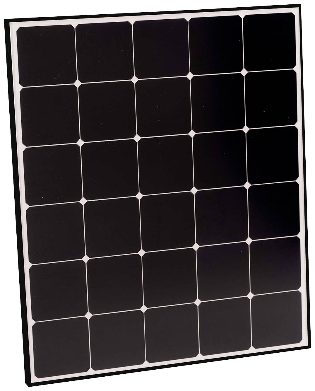 Černý solární panel se 24 čtvercovými články, používaný k přeměně slunečního světla na elektrickou energii.