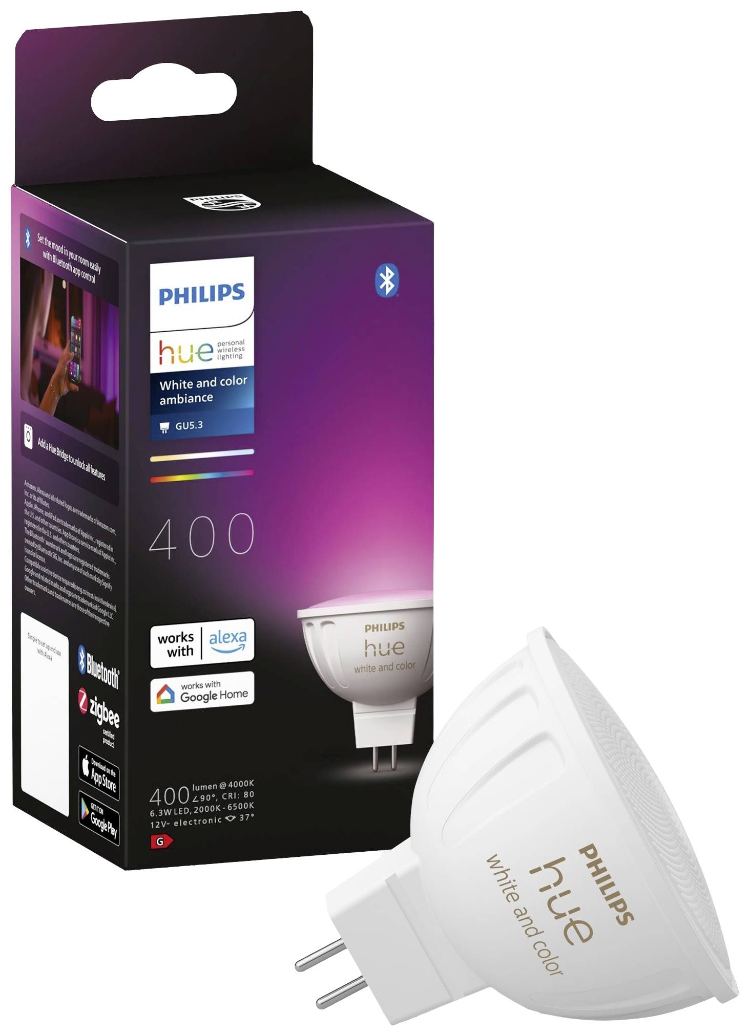Balení LED žárovky Philips Hue GU5.3 s funkcí White and Color Ambiance, kompatibilní s Alexou a Google Home, s podporou Bluetooth.