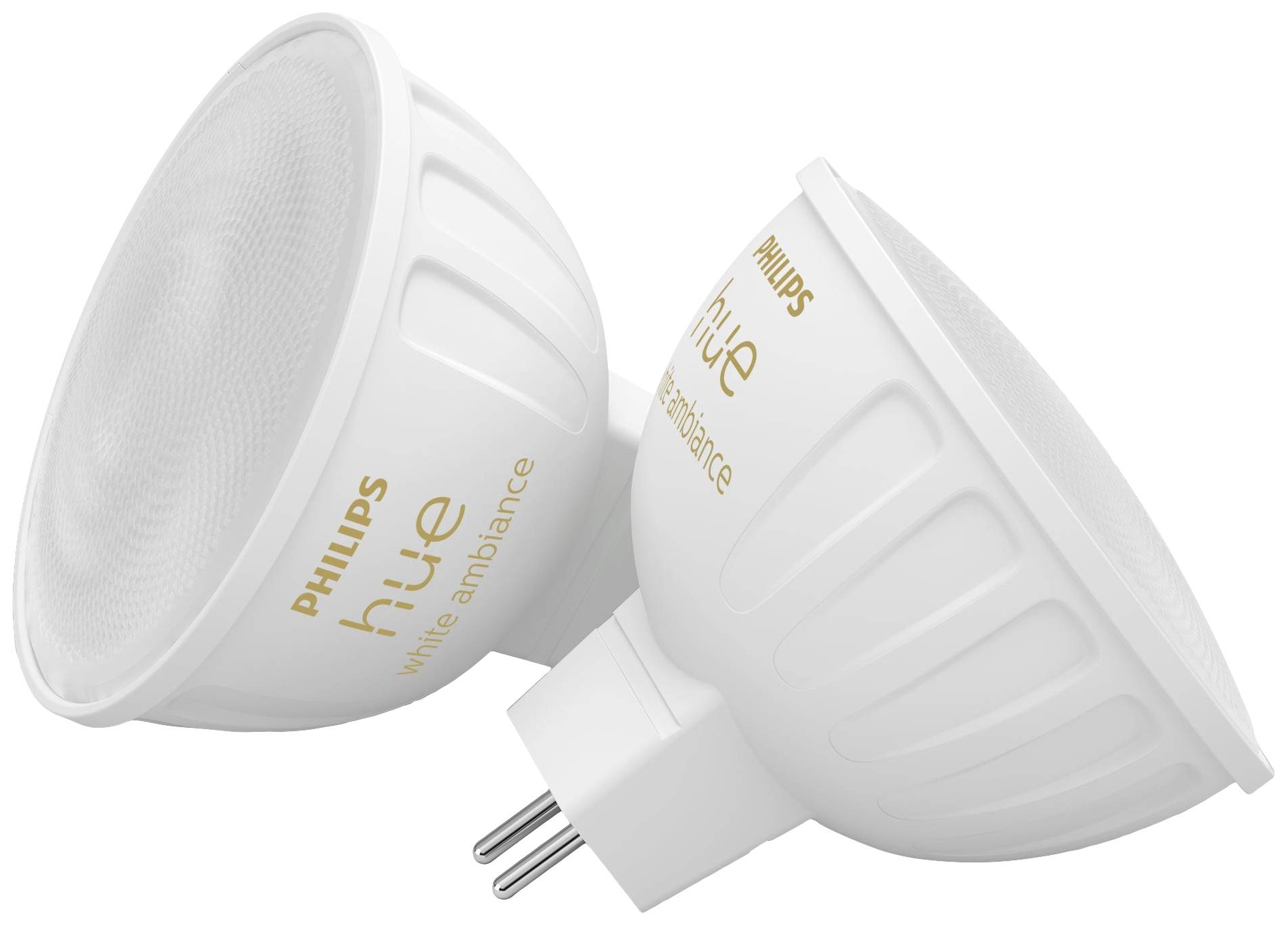 Dva bílé LED bodové světlomety Philips Hue White Ambiance, jeden položený, druhý stojící. Jsou vhodné pro všestranné osvětlení.