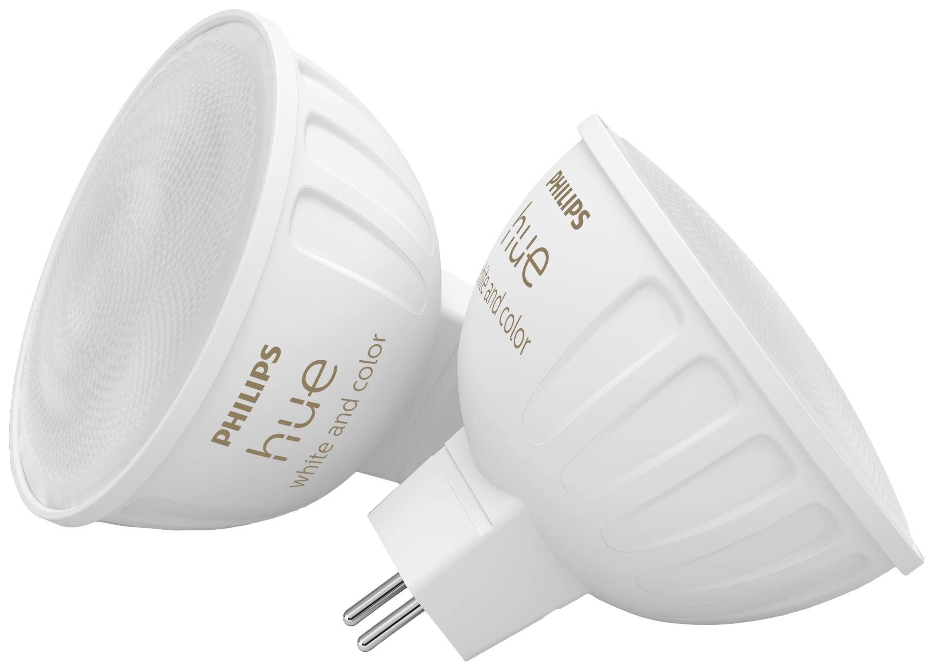 Dvě bílé LED žárovky Philips Hue GU10 se zlatým potiskem 'White and color'. Perfektní pro chytré, přizpůsobitelné osvětlení.