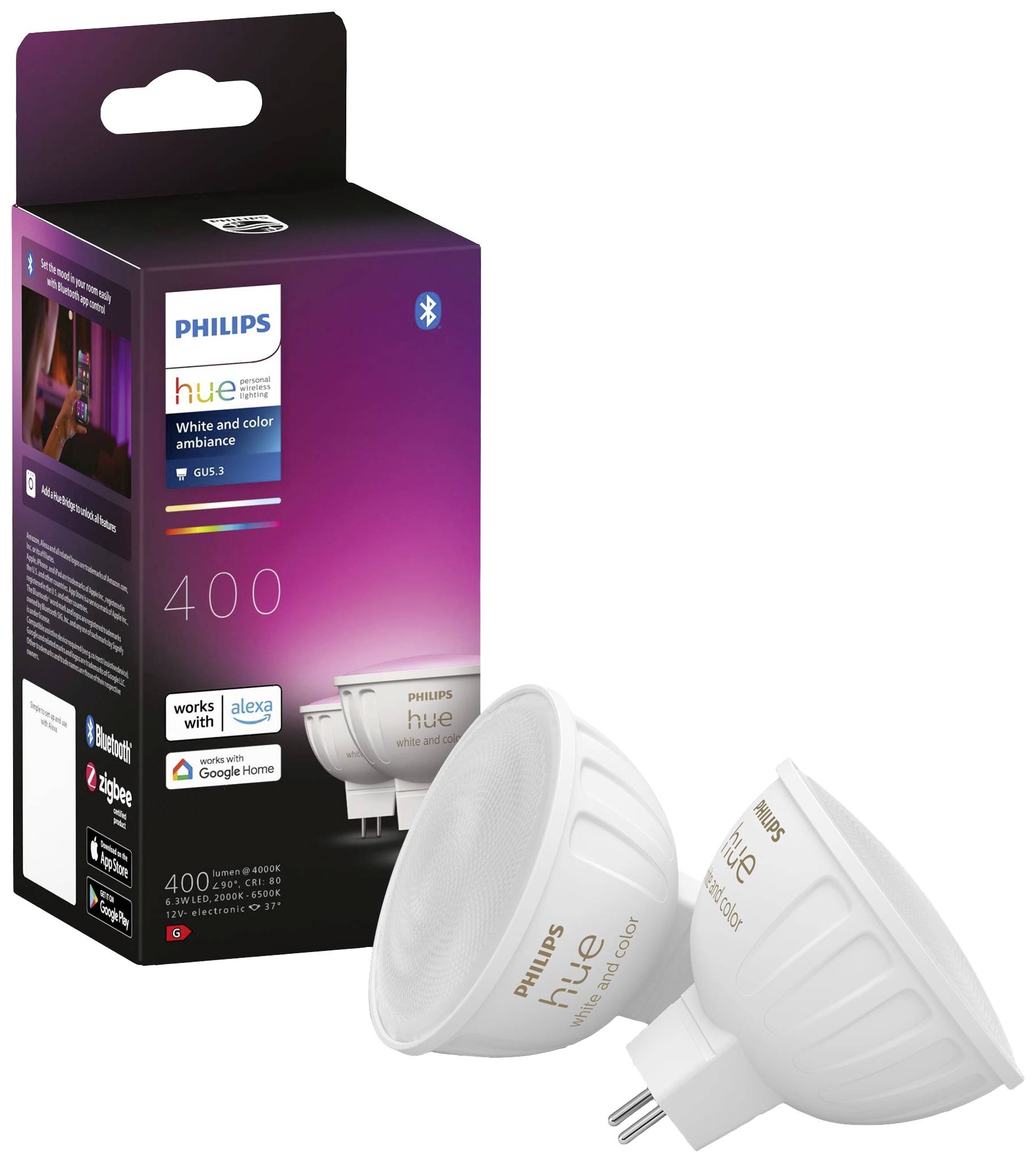 Philips Hue LED žárovka GU5.3 s obalem, kompatibilní s Alexou a Google Home, s možností barevného a bílého světla, 400 lumenů.