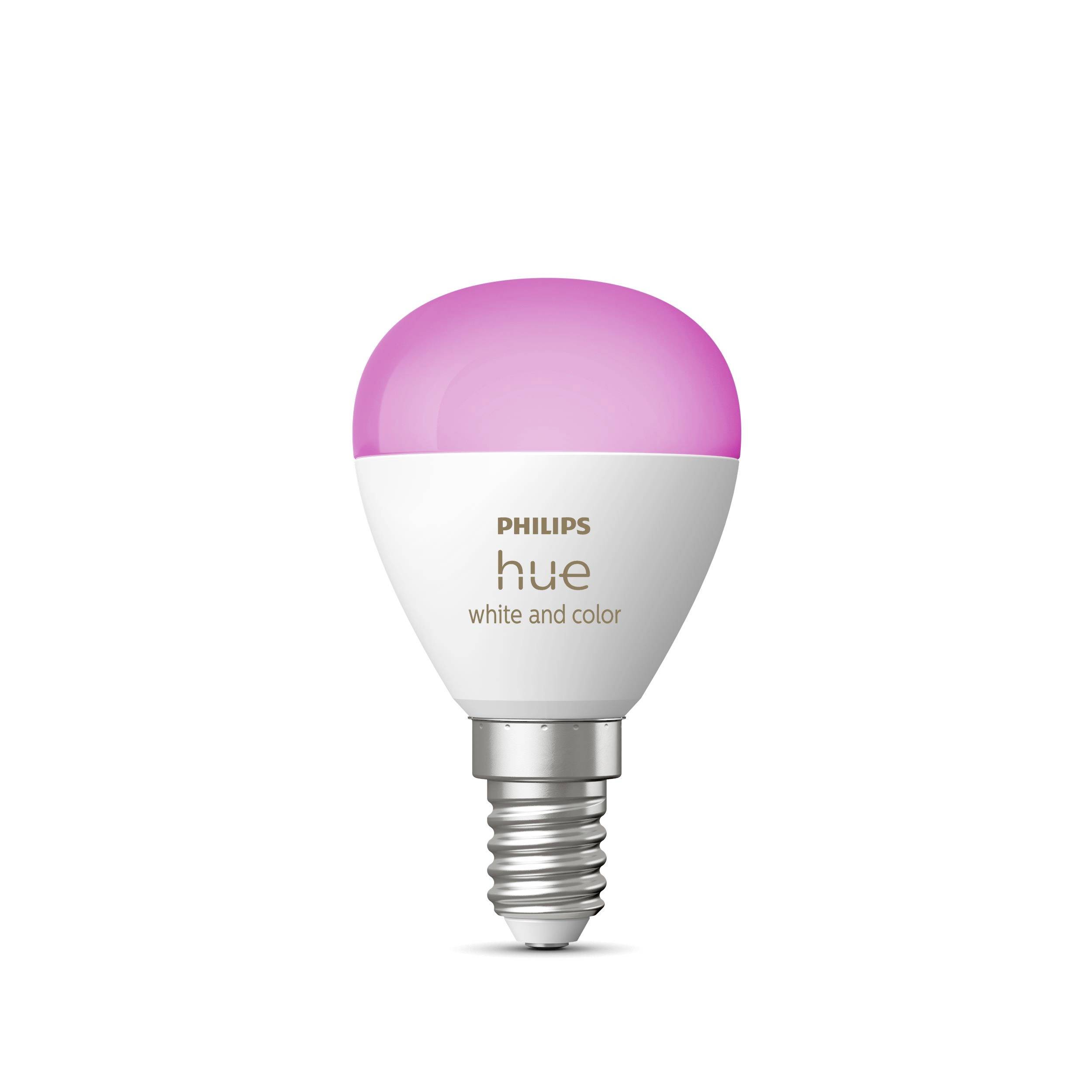 Philips Hue žárovka s horní částí svítící do růžova, s stříbrnou paticí, vhodná pro barevné osvětlení v chytrých systémech.