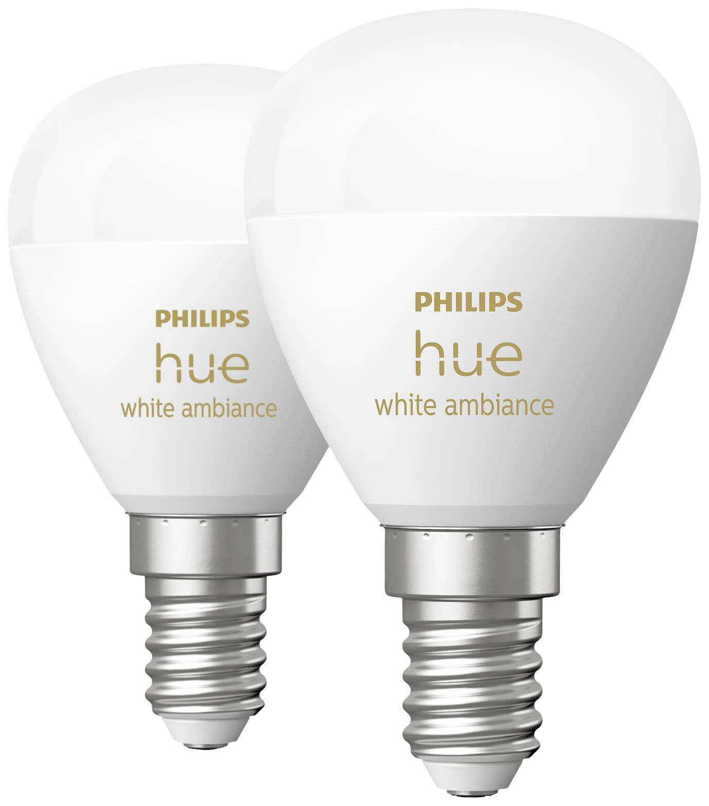 Dvě bílé LED žárovky Philips Hue White Ambiance s paticí E14. Vhodné pro nastavitelné odstíny bílé a chytré ovládání osvětlení.