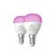 Dvě chytré LED žárovky Philips Hue s růžovým svitem, vhodné pro patici E14. Ideální pro barevné, ovladatelné osvětlení.