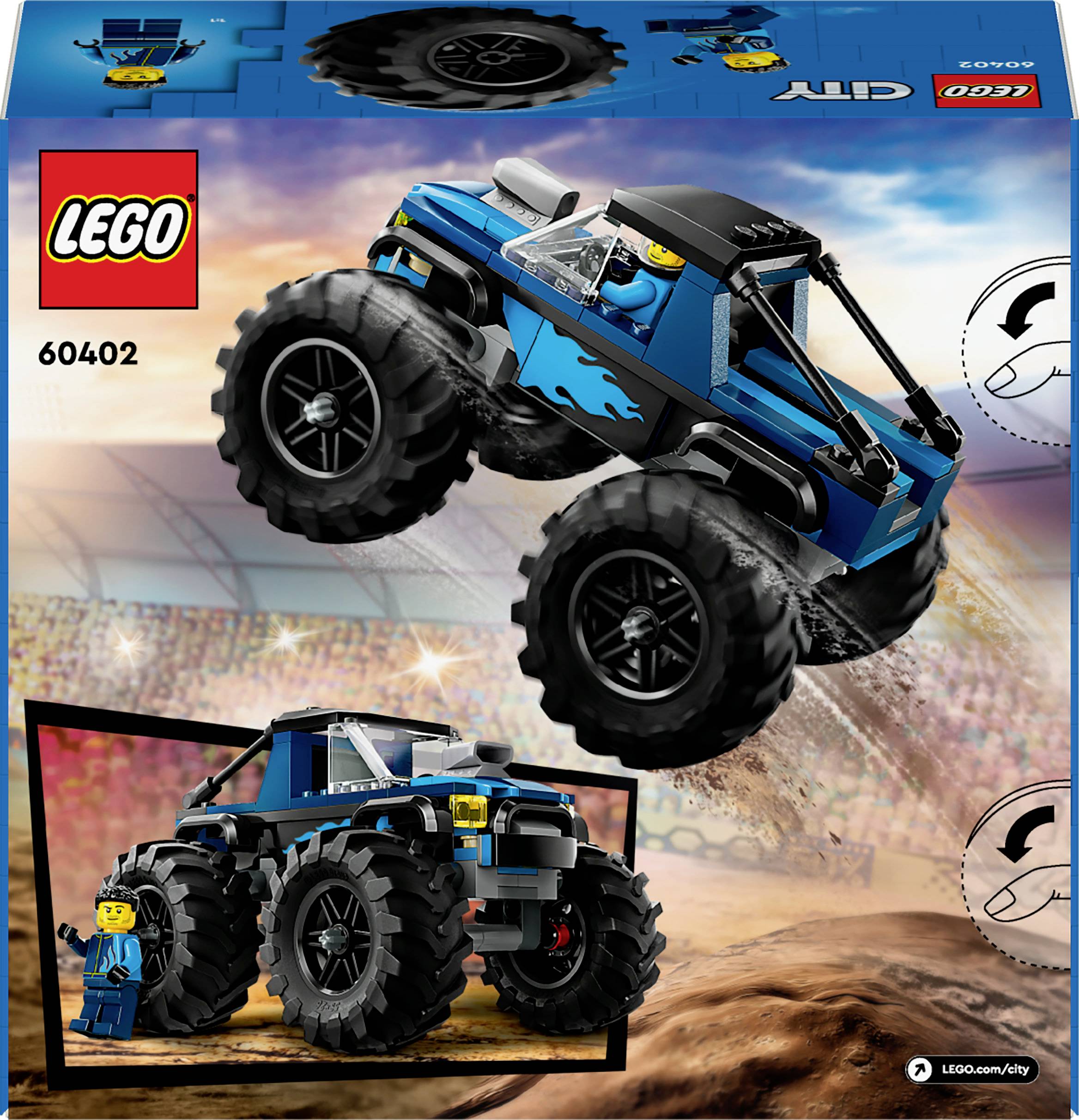 Obal LEGO monster trucku s modrou karoserií a velkými koly před závodní dráhou. Obsahuje minifigurku řidiče.