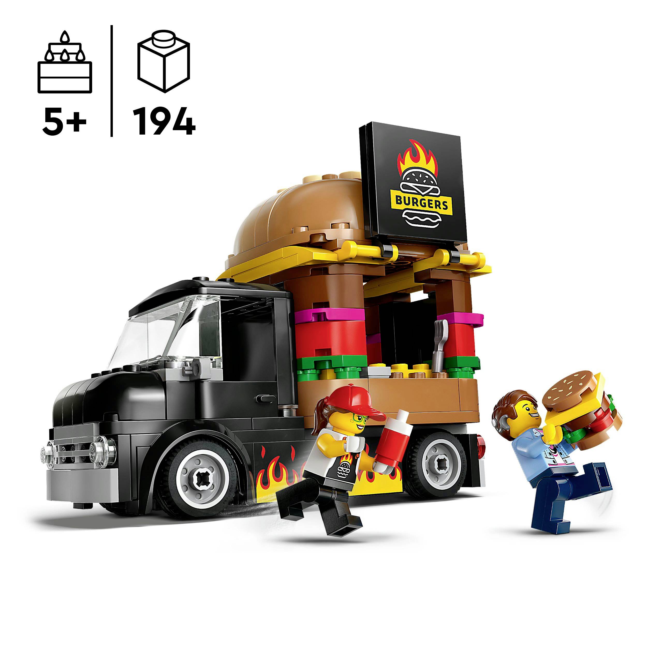 Pojazdný LEGO food truck s burgery, kde figurky drží burgery a nápoje. Vlevo nahoře symbol '5+' s doporučeným věkem. 194 dílků.