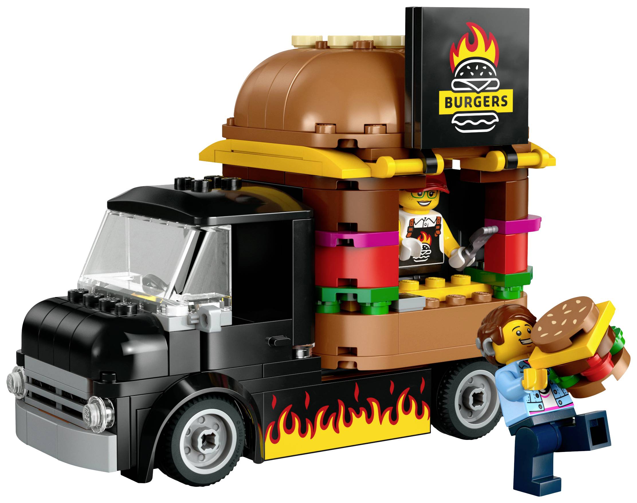 Černý LEGO food truck s logem burgeru a motivem plamenů. Uvnitř stojí figurka, která servíruje burgery. Venku drží jedna z figurek burger.