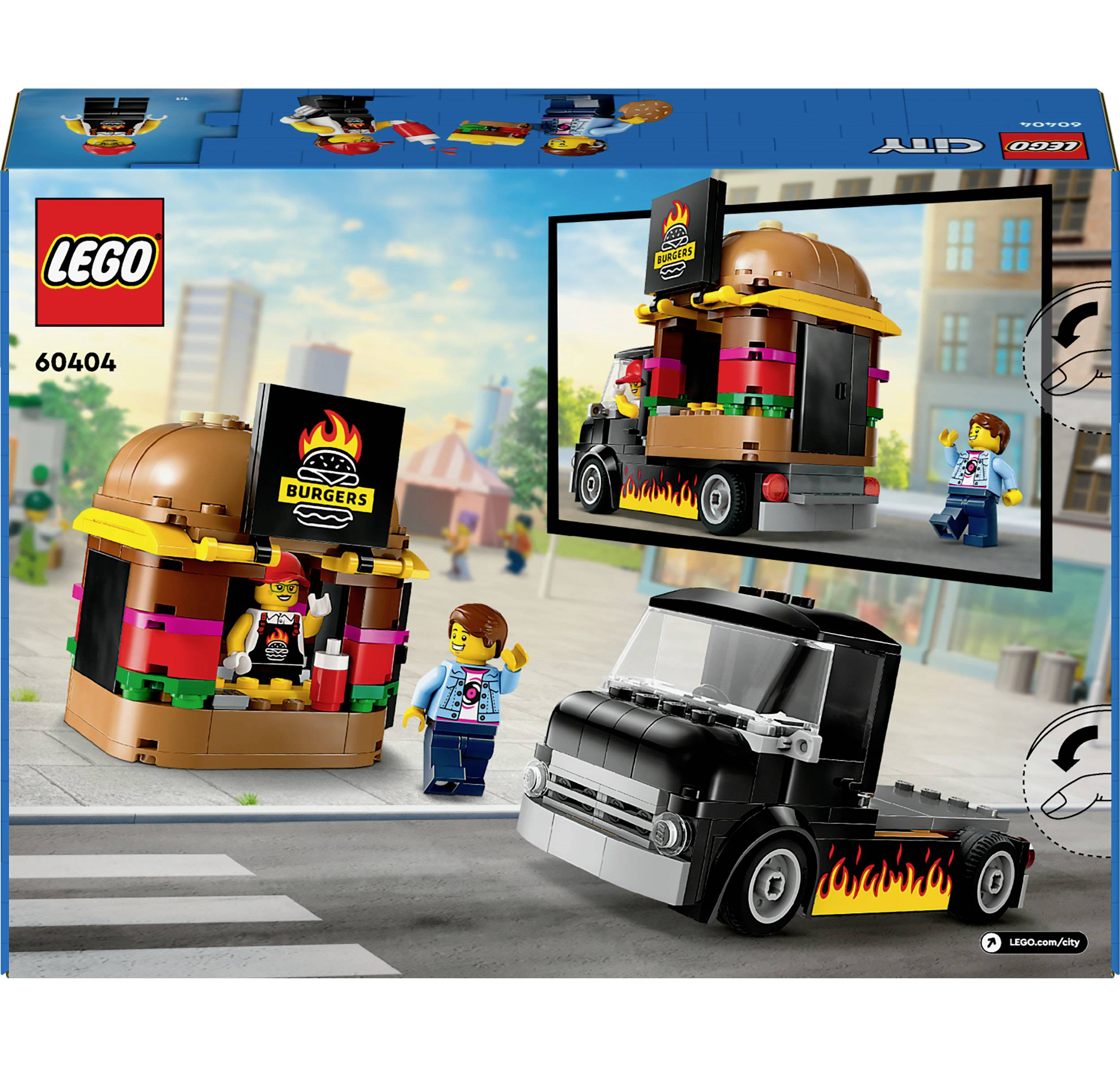 Sada LEGO s burger truckem a stánkem s občerstvením. Dvě figurky stojí před stánkem; jedna v zástěře. Městské pozadí s chodníkem.