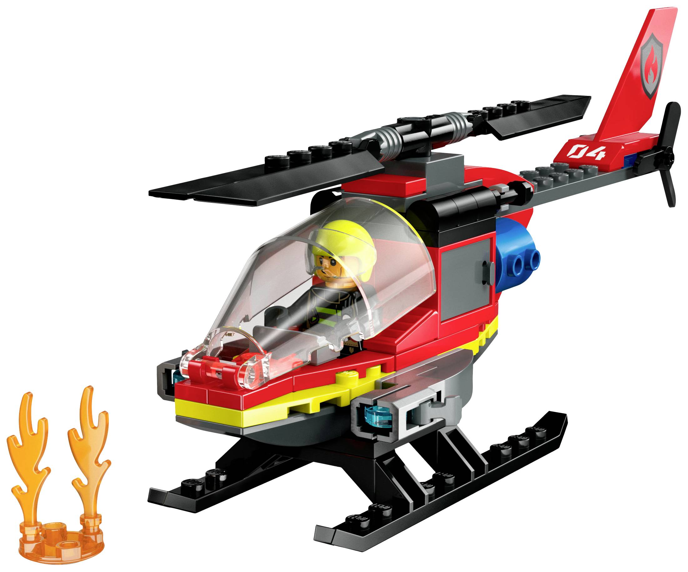 Barevná hračkářská helikoptéra složená z kostek s pilotem uvnitř vznáší se vedle malých plamenů na bílém pozadí.