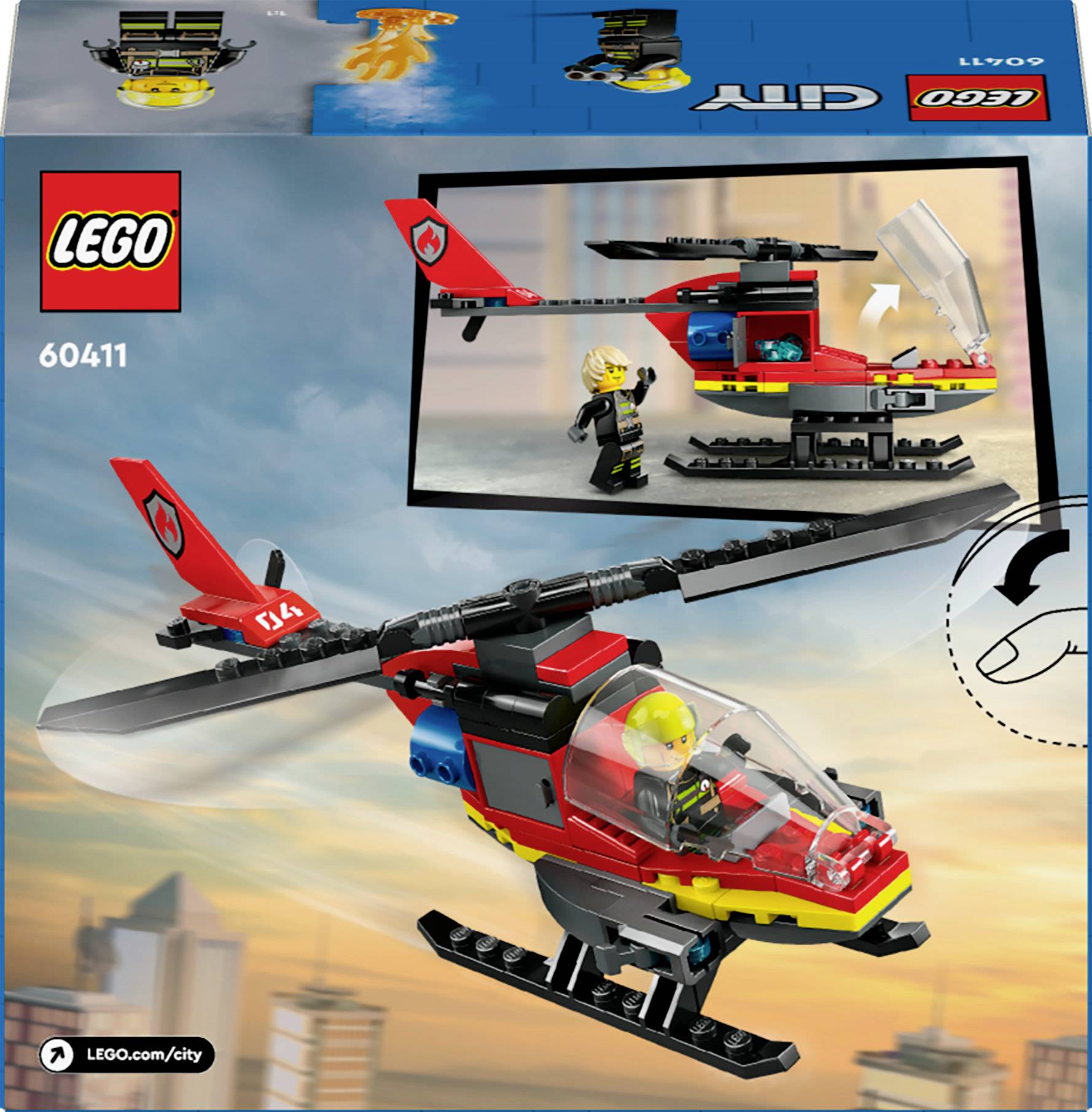 LEGO City sada vrtulníku s figurkou pilota v uniformě, červeným vrtulníkem a průhledným krytem kabiny.