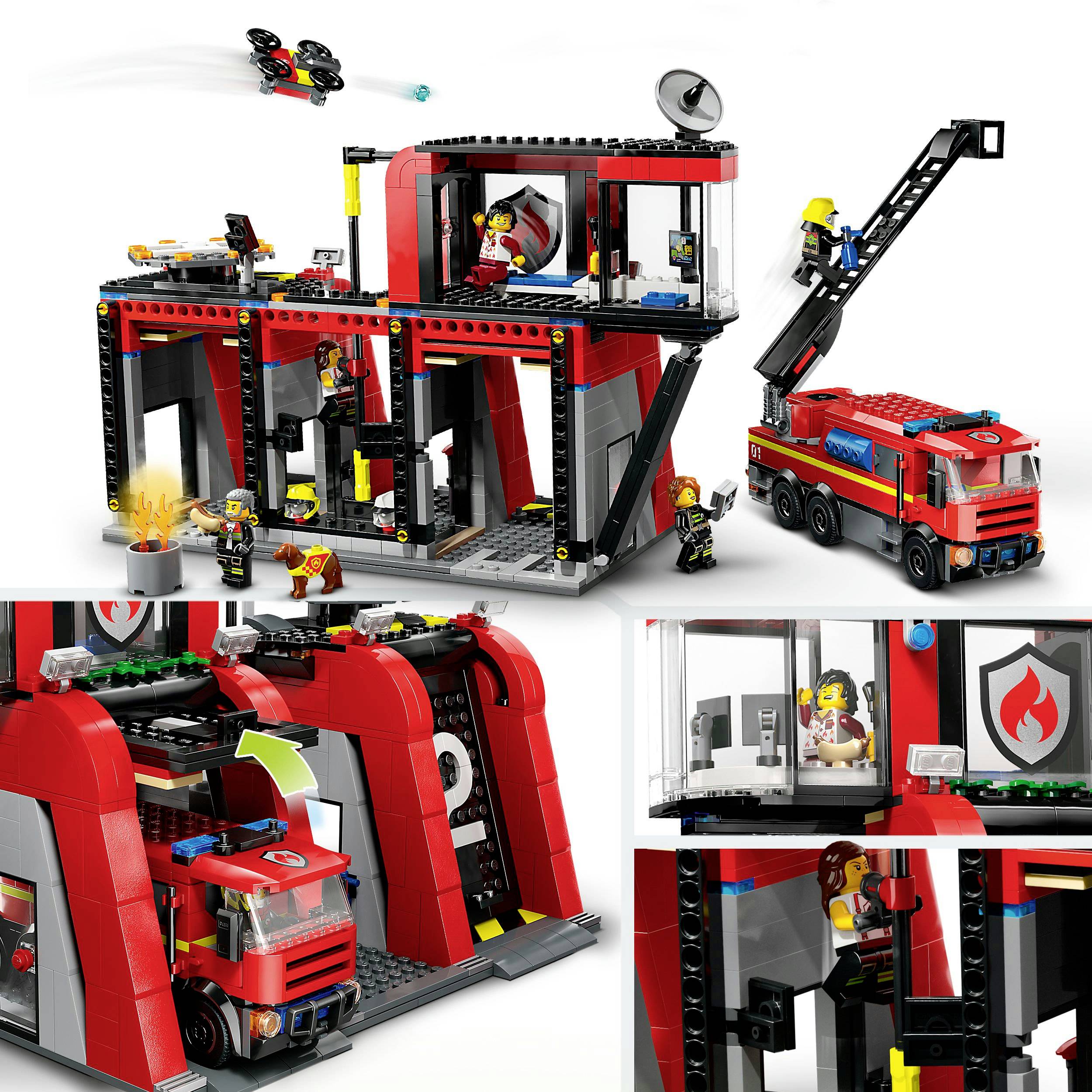 Červená hasičská stanice LEGO s figurkami, hasičským vozem a jeřábem. Je zde vidět scény záchranných akcí.