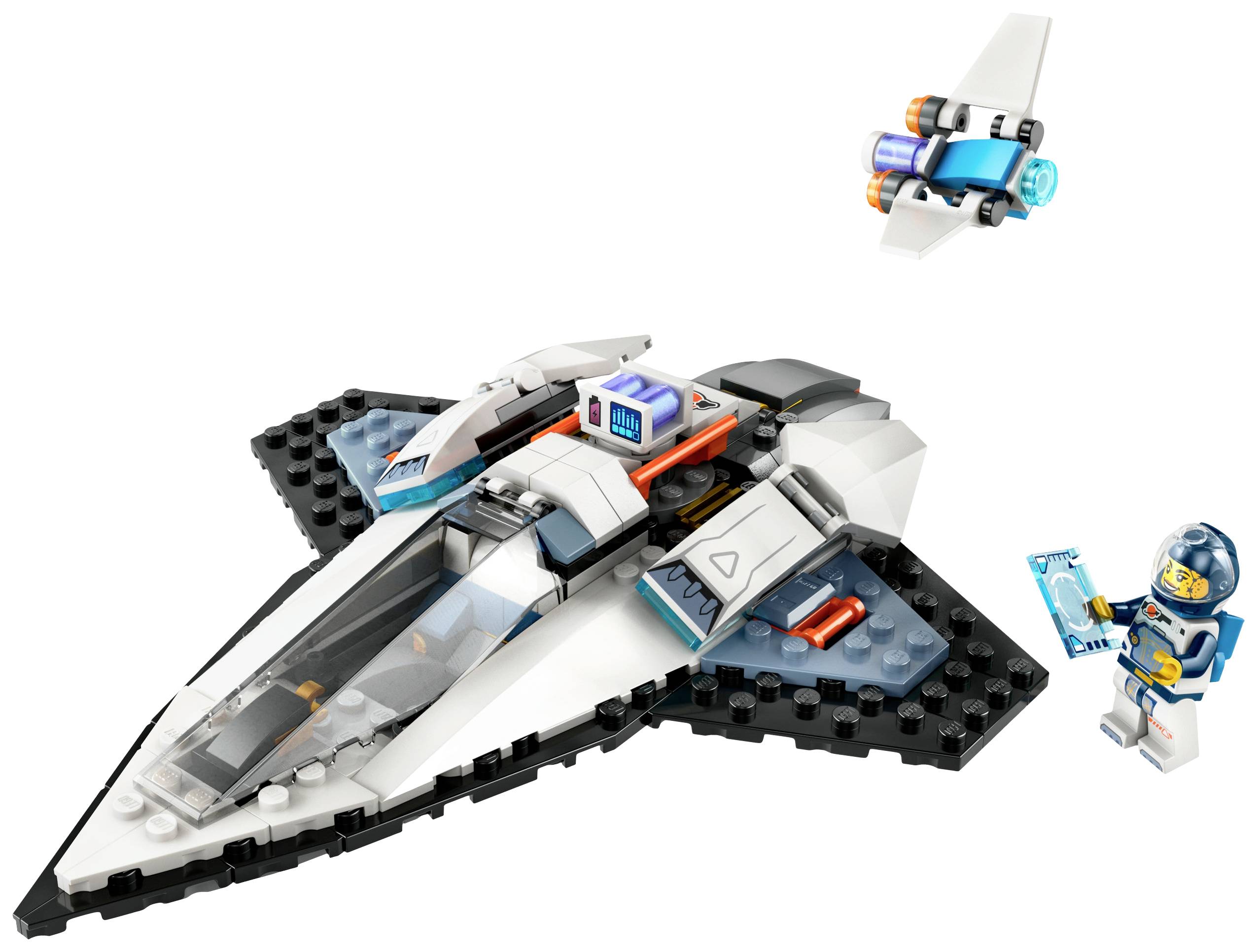 Bílá a černá vesmírná loď z LEGO, s modrými akcenty, doprovázená astronautem držícím tablet a malou sondou.