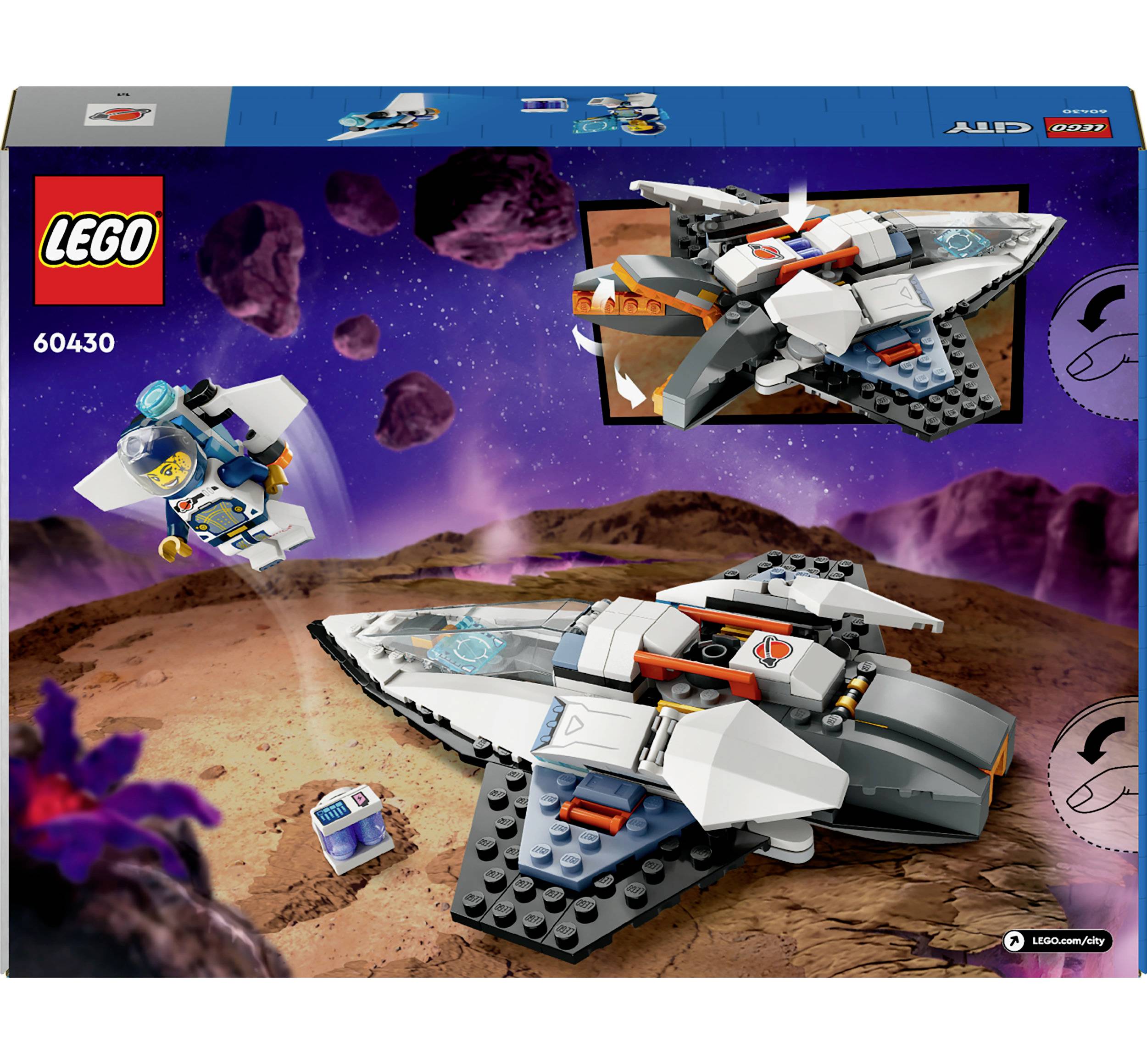 Stavebnice LEGO 'Průzkumná vesmírná loď Mars' s astronautem, vesmírnou kapsulí a marsovskou krajinou v pozadí. Obsahuje díly pro vesmírné dobrodružství.