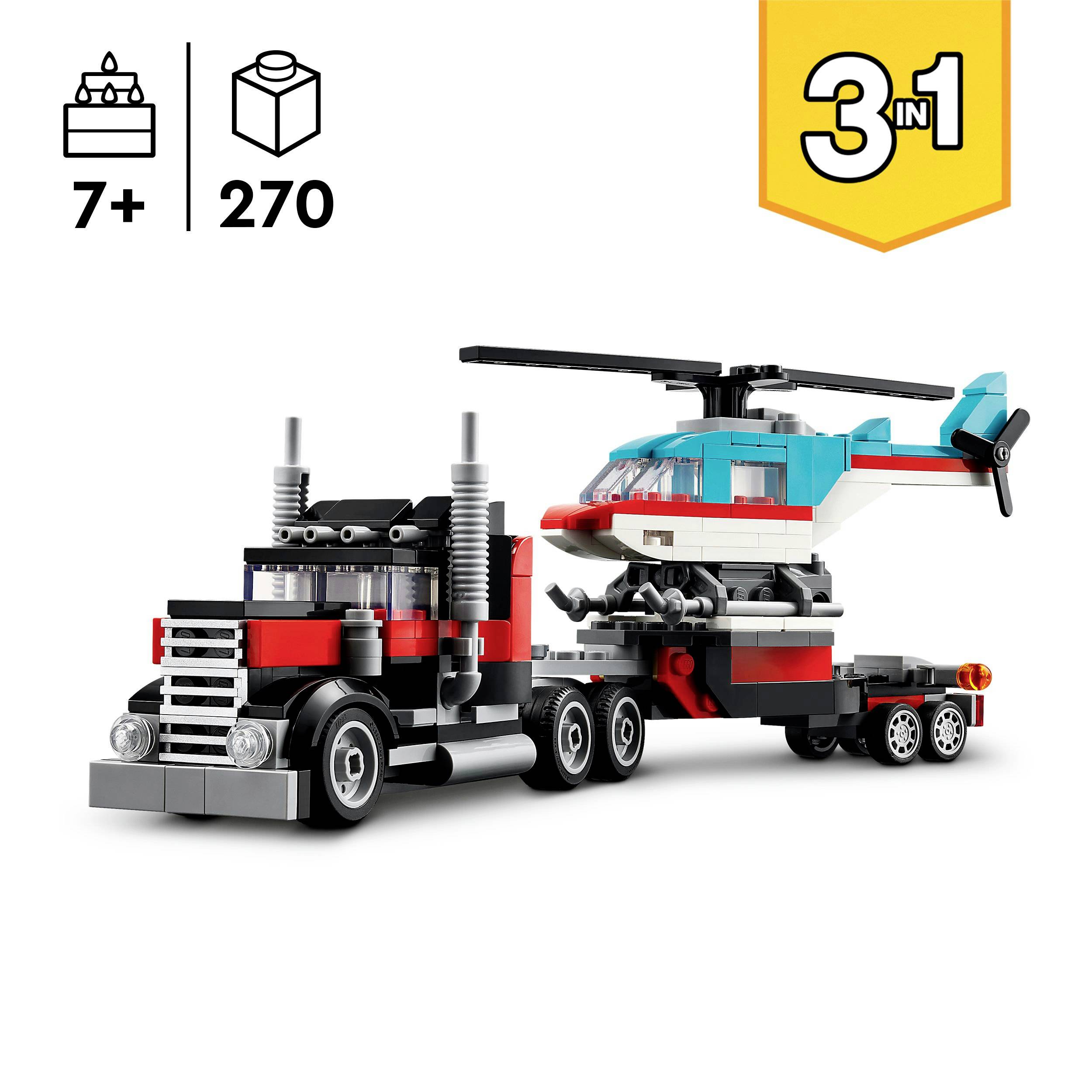Lego stavebnice pro děti od 7 let se 270 díly. Sada '3 v 1': Model červeného náklaďáku a modrého vrtulníku.