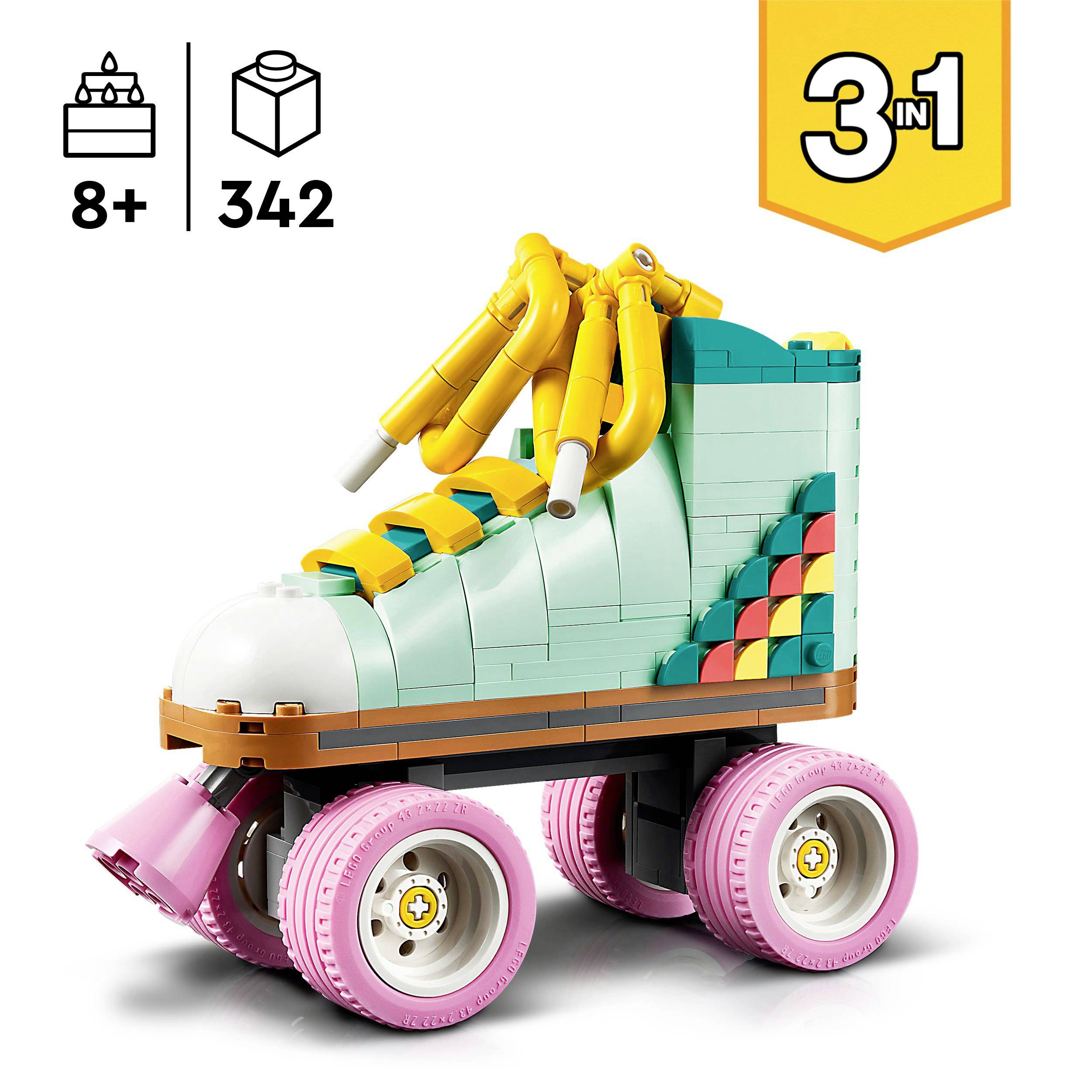 LEGO sada: Barevný kolečkový brusle z kostek, vhodný pro děti od 8 let. Sada obsahuje 342 dílků a je součástí série 3-v-1.