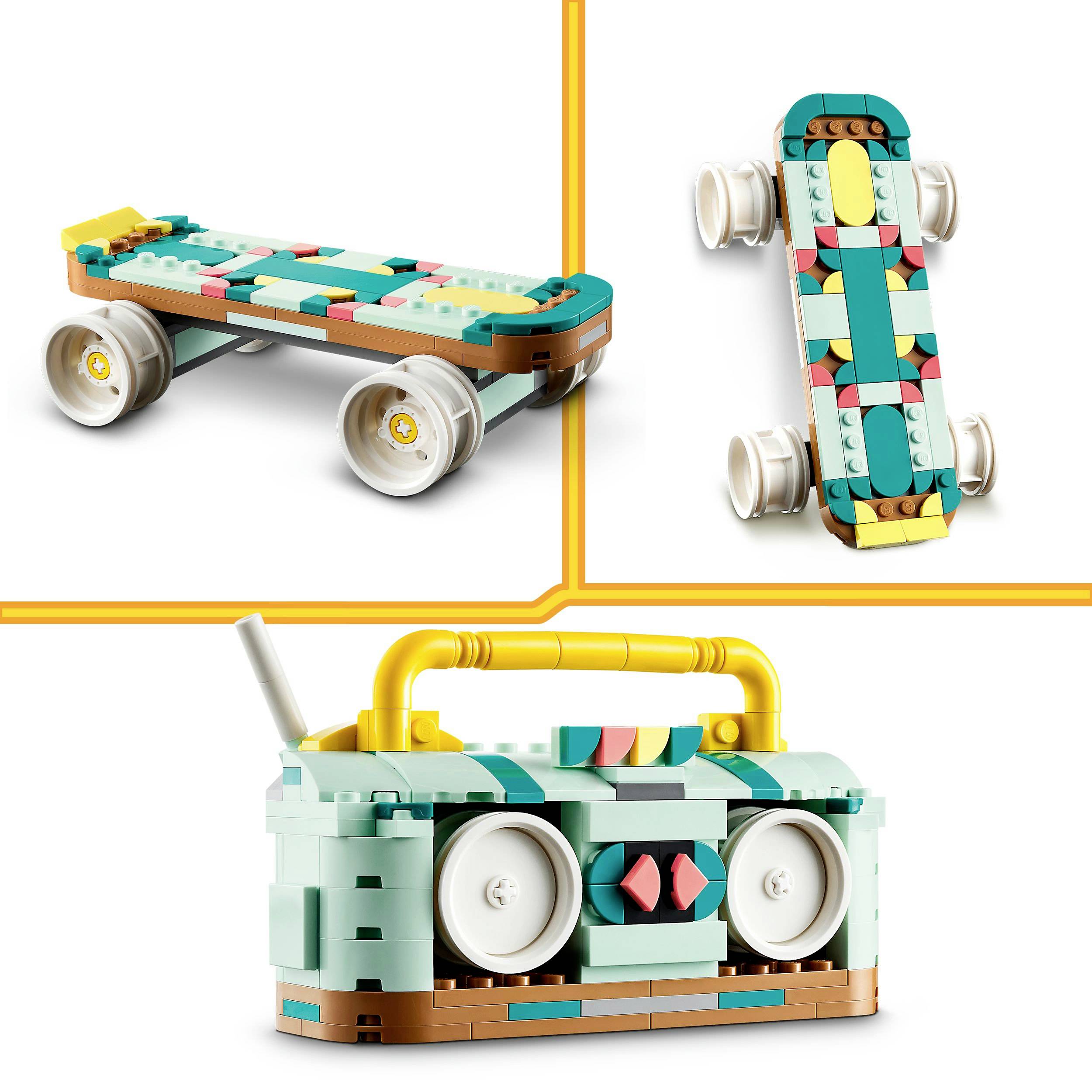 LEGO sada s přenosným rádiem a dvěma skateboady, složená z barevných kostek a kreativních konstrukčních prvků.