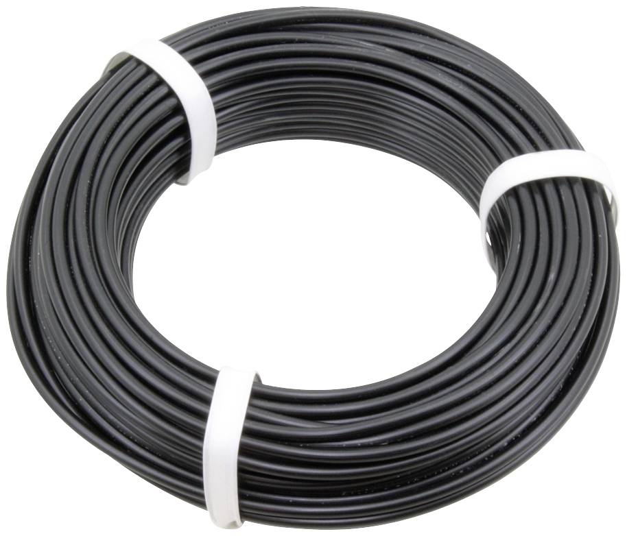 Černý kabel svinutý do role, pečlivě stočený a zajištěný třemi bílými stahovacími páskami.