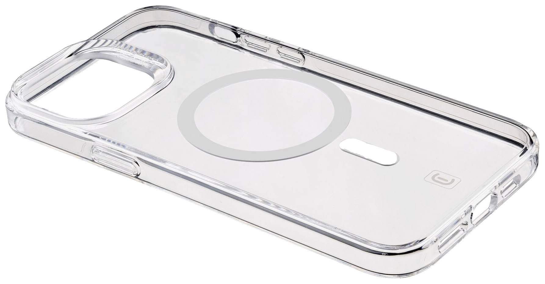 Průhledný mobilní kryt s kruhovým designem, kompatibilní s MagSafe na zadní straně, vhodný pro moderní model smartphonu.